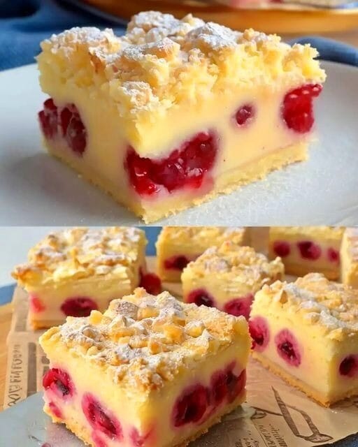 Smakuje bombastycznie, ciasto wiśniowe z posypką i budyniem waniliowym