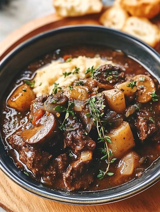 Klasyczna francuska zupa z wołowiną i grzybami