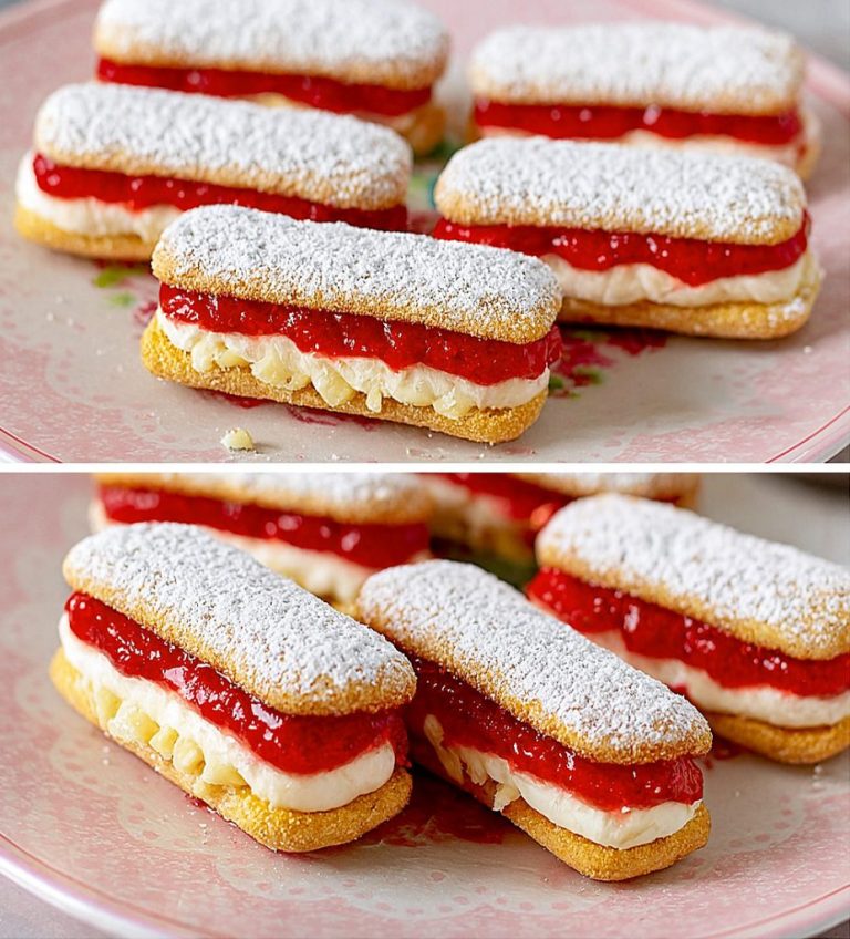 Mój pomysłowy letni deser: świeży, bez pieczenia i gotowy w 5 minut, składający się jedynie z jogurtu, biszkoptów i lekkiego dżemu.