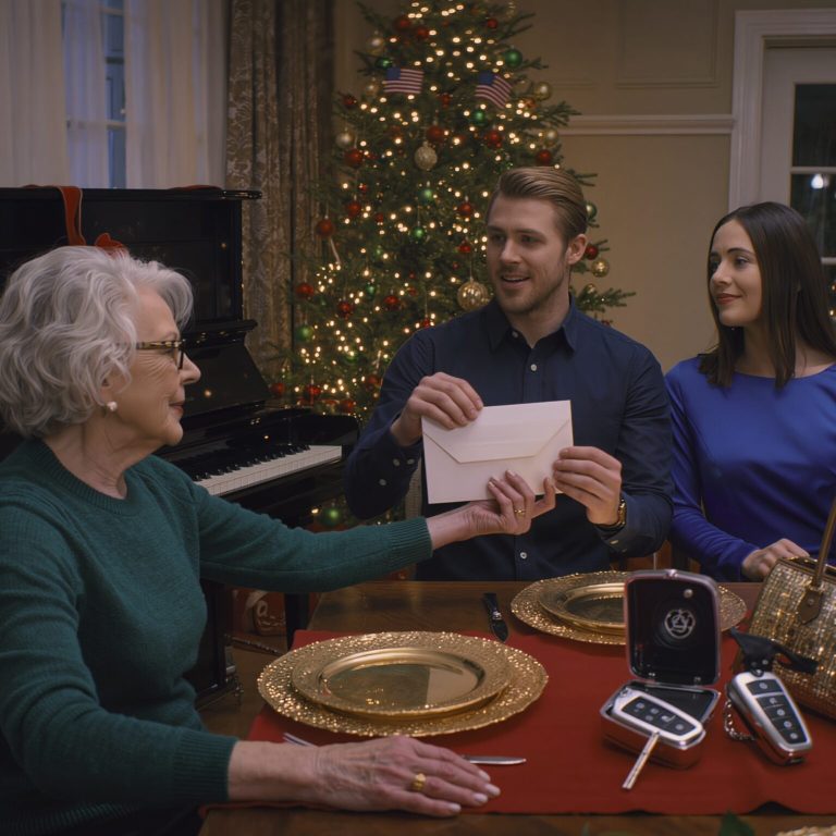 Zaprosiłam syna i synową na świąteczną kolację. Zaskoczyłam syna BMW i dałam synowej designerską torebkę. Podczas posiłku syn uśmiechnął się i powiedział: „Mamo, moja żona mówi, że w tym roku powinnaś to potraktować jako nauczkę, więc postanowiliśmy nie kupować ci prezentu”. Synowa po prostu siedziała, uśmiechając się do mnie tym swoim znaczącym spojrzeniem. Spokojnie wyjęłam kopertę. „Dobrze. Mam jeszcze jeden prezent dla was obojga”. W chwili, gdy ją otworzył, jego dłonie zamarły…