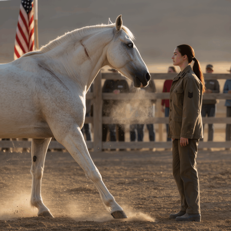 Nikt nie chciał kupić groźnego białego konia z bokiem pełnym blizn i bladymi oczami – zwierzęcia, które nawet jego treser uznał za zbyt niebezpieczne, do tego stopnia, że ​​dorośli mężczyźni musieli się wycofać. Na każdej aukcji scena się powtarzała: cisza, kilka szyderczych śmiechów i odgłos kopyt uderzających o metalową podłogę, jakby walczyło ze światem, który już się z nim rozstał. Aż pewnego dnia cicha kobieta w wyblakłej kurtce piechoty morskiej wystąpiła naprzód. Nie zapytała o cenę. Zapytała tylko o imię.