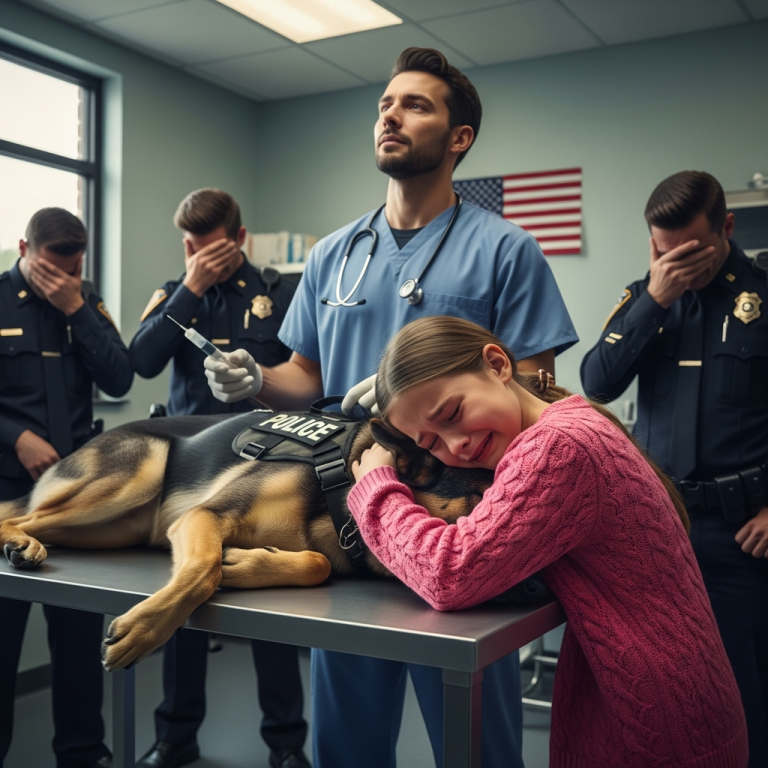 Na chwilę przed tym, jak śmiertelnie chory policyjny pies myśliwski miał zostać uśpiony, uniósł przednie łapy i przyciągnął małą dziewczynkę do piersi, trzymając ją resztkami sił. W pokoju zapadła cisza. Wtedy weterynarz zesztywniał, jego wzrok utkwiony był w czymś nieoczekiwanym – i wszystko zatrzymało się w tej sekundzie.